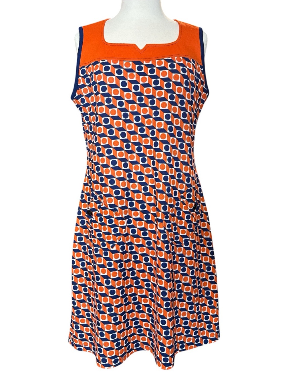 Liberty Island Retro Mod Shift Dress Square Neck Pockets Orange Blue White M/L
